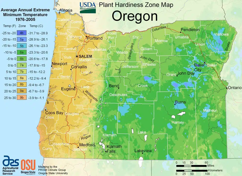 Oregon USDA Plant Hardiness Zone Map